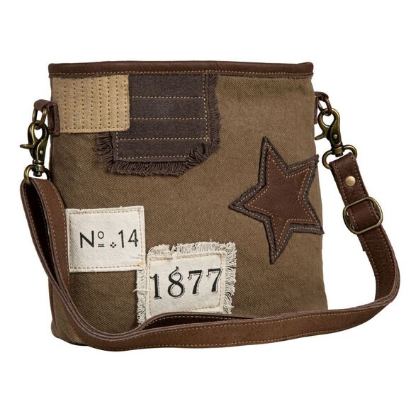 Myra Bag Handmade Patchwork Shoulder Bag Upcycled Canvas & Cowhide Leather - Picture 3 of 15